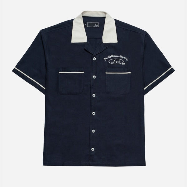 Contrast collar navy button-up shirt