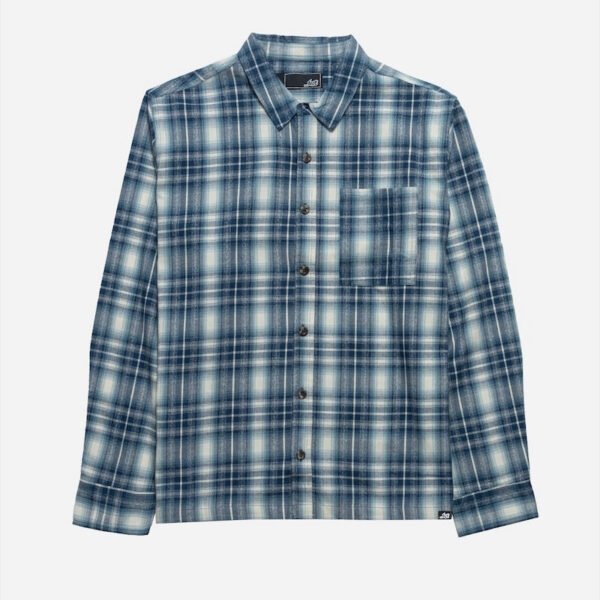 Blue plaid button-up shirt