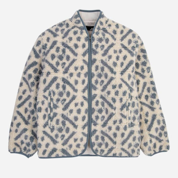 Cozy fleece jacket featuring blue diamond patterns.