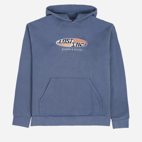 Vintage-style logo on blue sweatshirt