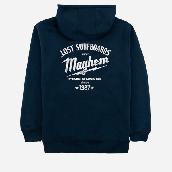 Lost Surfboards Mayhem logo on hoodie