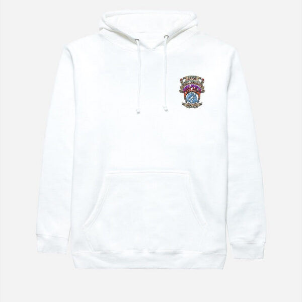 White hoodie with colorful chest emblem