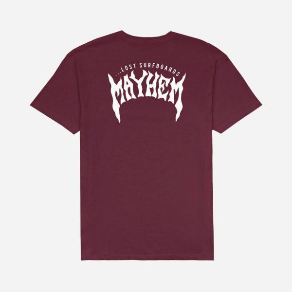 Maroon t-shirt with white graphic text