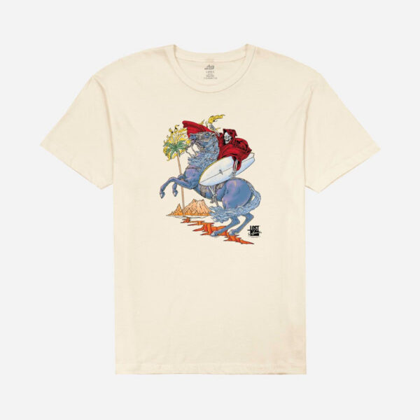 Beige t-shirt featuring a whimsical illustration