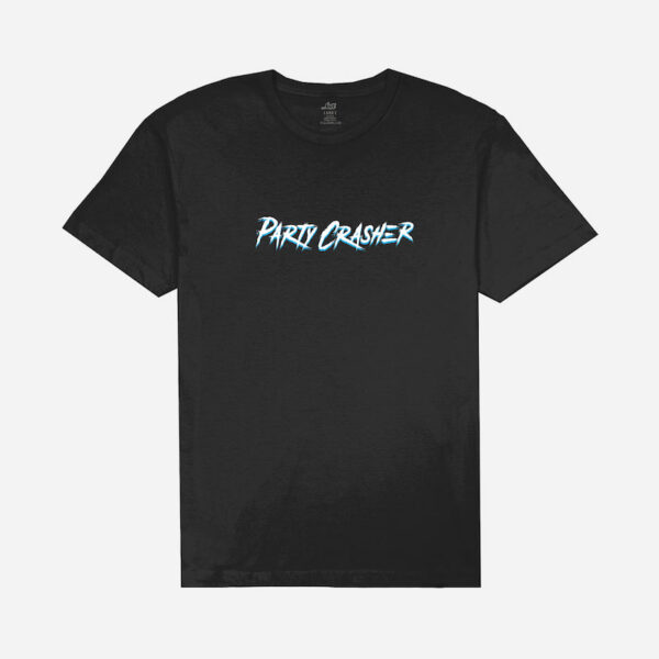 Casual black shirt, bold white text