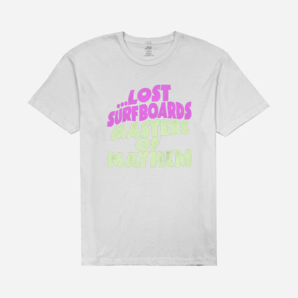 White T-shirt with colorful surfboards text