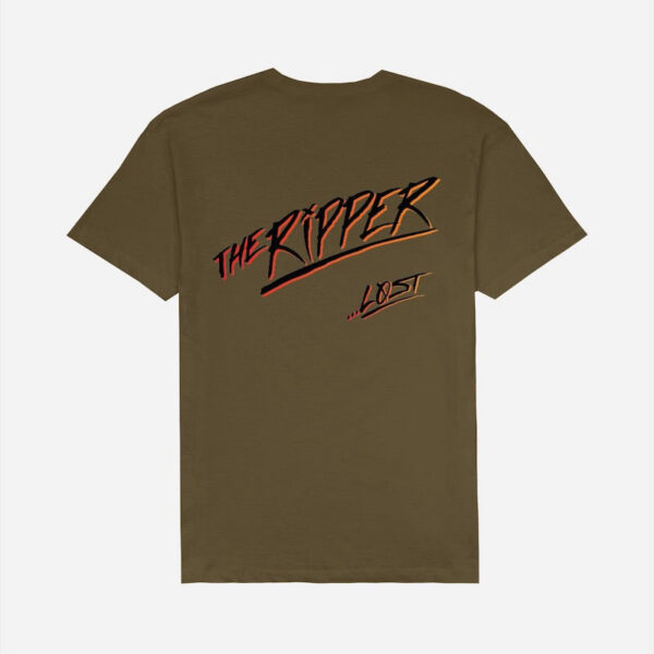 Olive T-shirt featuring bold lettering