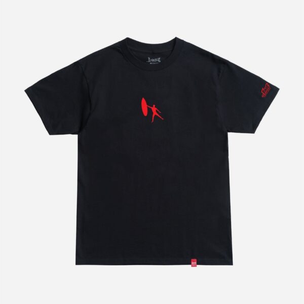 Minimalist black tee with small red graphic