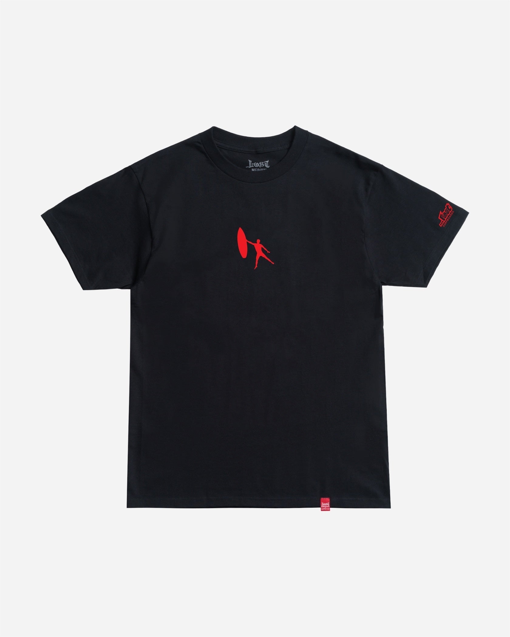Minimalist black tee with small red graphic