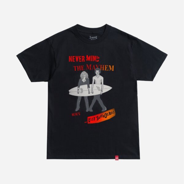 Black graphic t-shirt with surfboard design