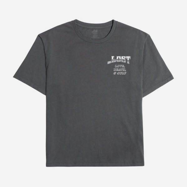 Dark gray t-shirt with small text design