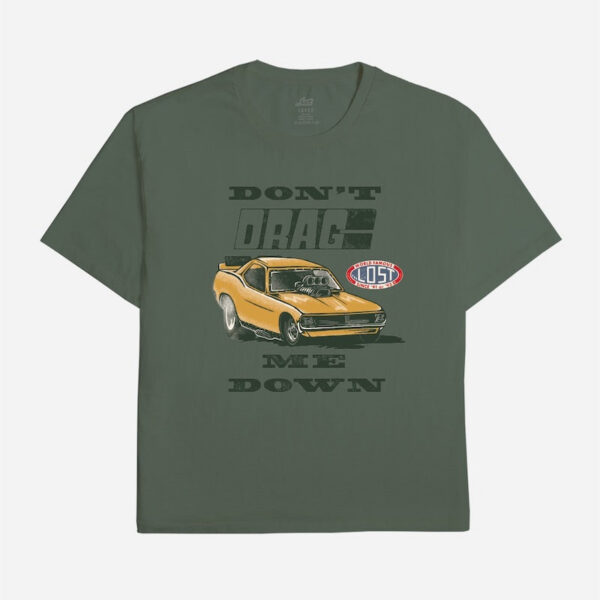 Olive tee featuring retro car illustration