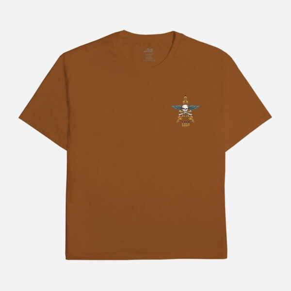 Casual brown tee with small graphic