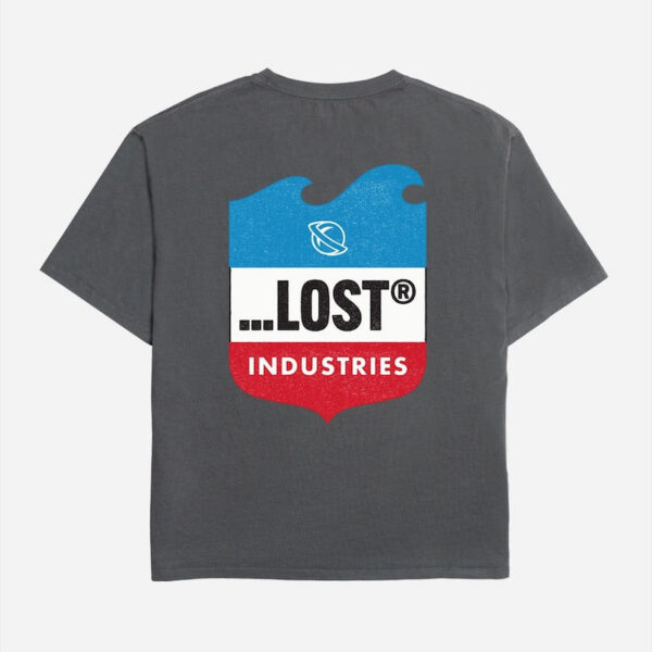 Lost Industries logo on gray shirt
