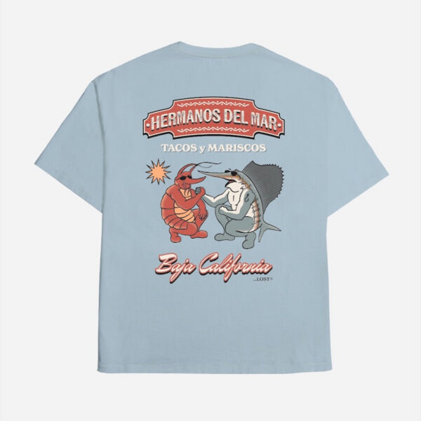 Blue t-shirt with seafood graphic design