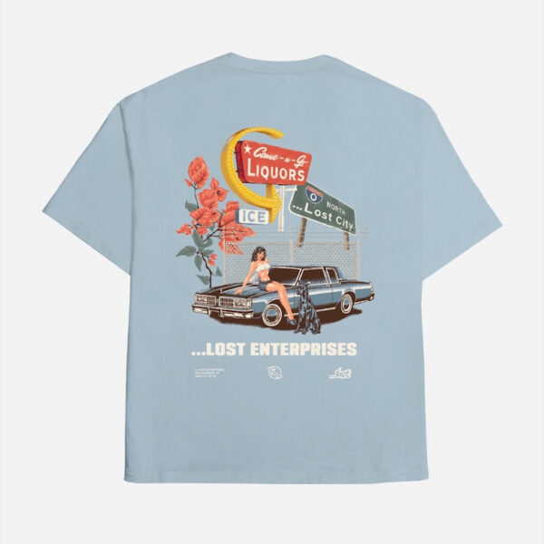 Retro car graphic on blue t-shirt