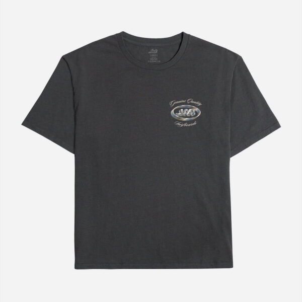 Plain charcoal shirt with simple graphic detail.