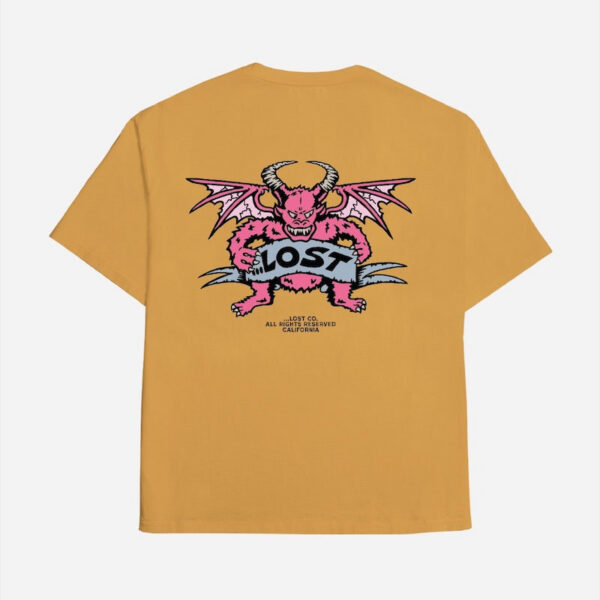 Yellow t-shirt featuring pink demon graphic