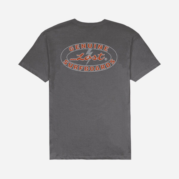 Gray T-shirt with surfboard logo design.