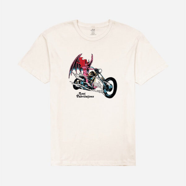 White t-shirt with dragon motorcycle design.
