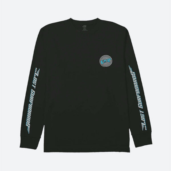 Black long-sleeve shirt with blue text