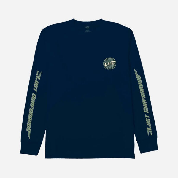 Dark blue shirt featuring sleeve text