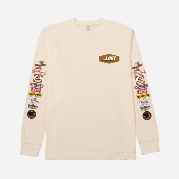 Beige shirt featuring colorful sleeve patches