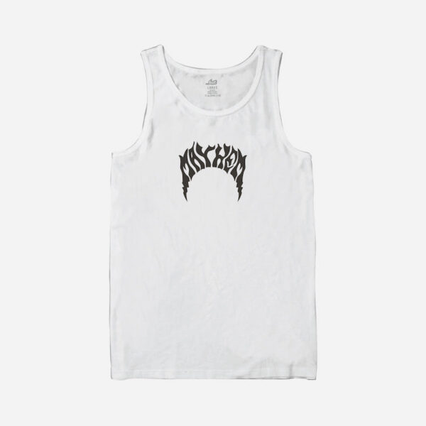 White tank top with black graphic design.
