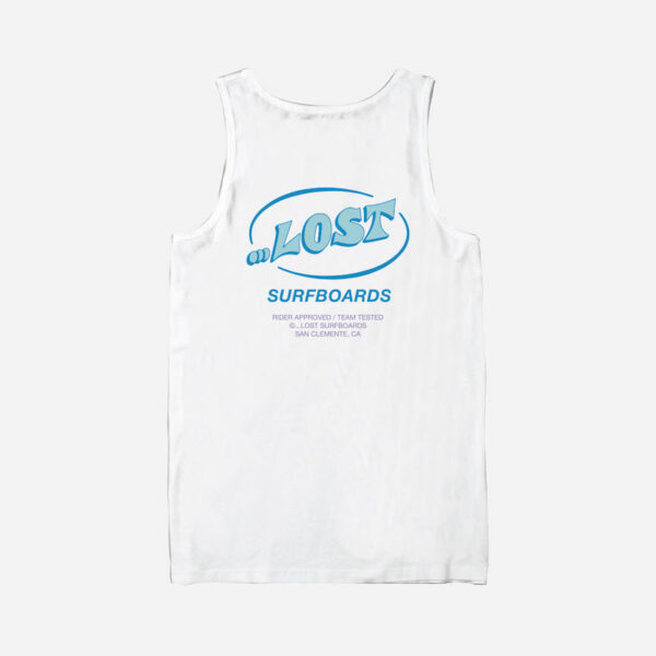 White tank top with blue "Lost" logo