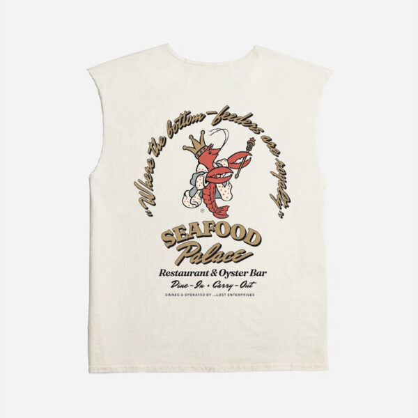 Sleeveless shirt with seafood restaurant logo