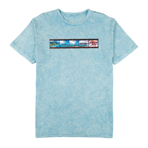 Scenic photo strip on blue T-shirt.