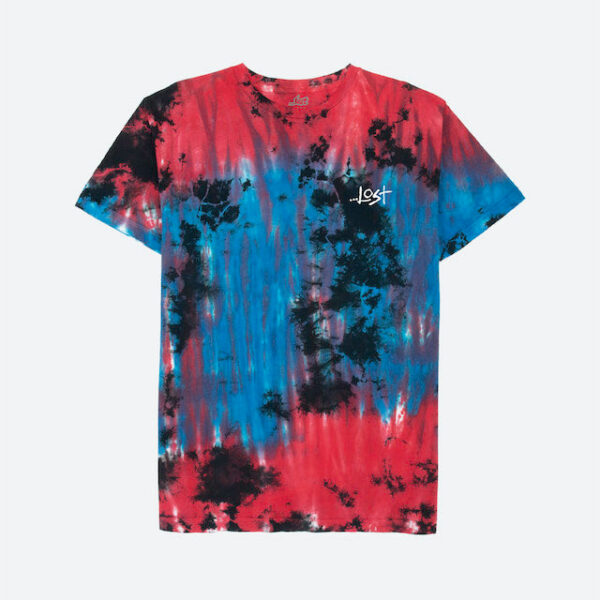 Red, blue, black tie-dye shirt