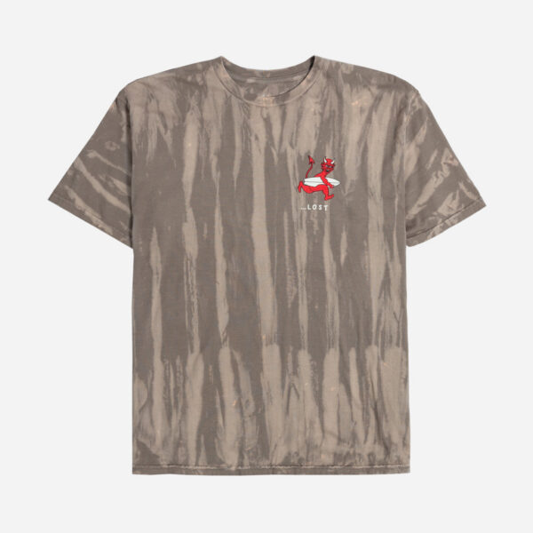 Brown tie-dye tee featuring small red logo