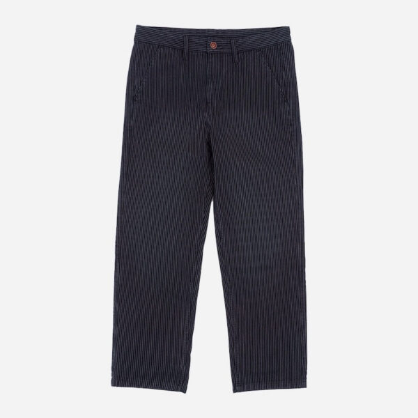 Casual pinstripe pants, white backdrop