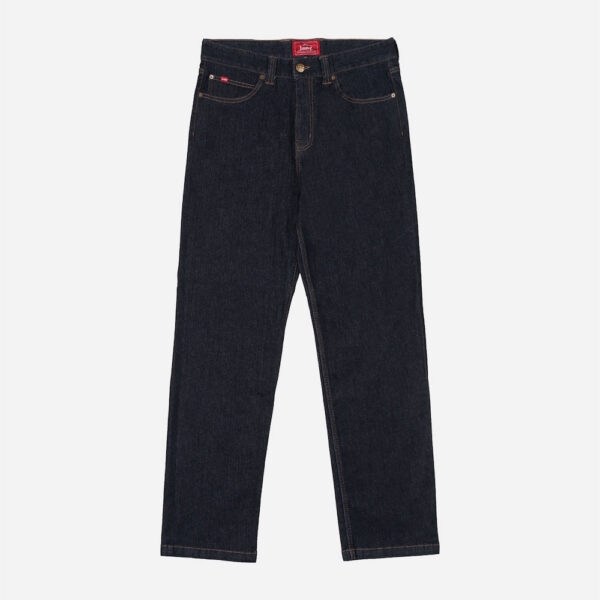 Dark blue denim jeans on white background