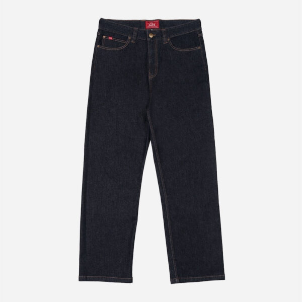 Unworn dark denim pants isolated.