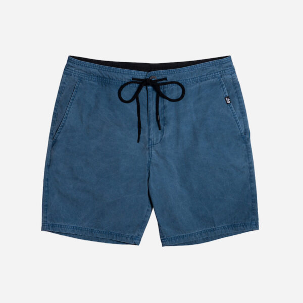 Blue drawstring shorts on white background