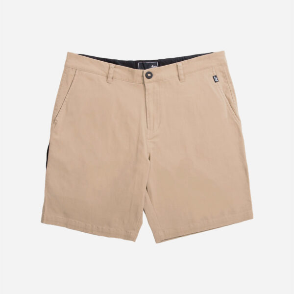 Beige men's shorts on white background.