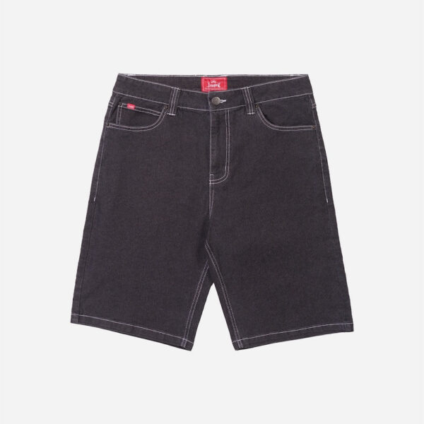 Black denim shorts on white background