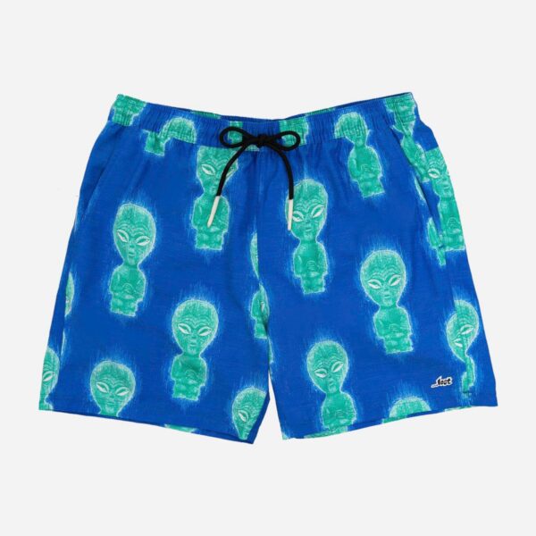 Blue shorts with green alien pattern