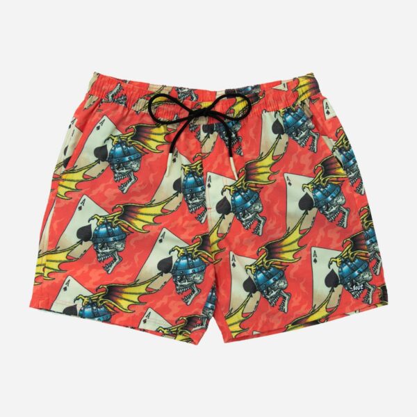 Colorful swim trunks featuring bold design