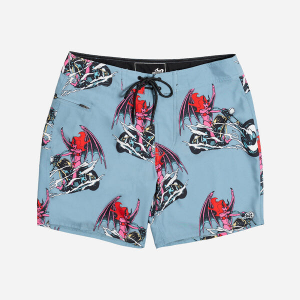 Stylish swim trunks with bold illustrations.