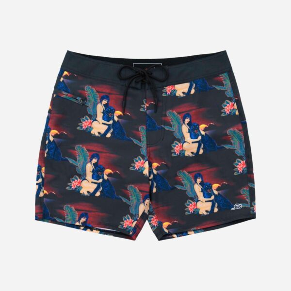 Colorful patterned board shorts with artistic design.