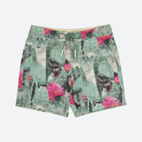 Green swim shorts with desert motif