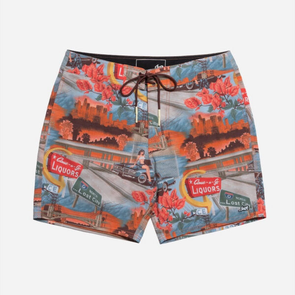 Colorful patterned swim trunks with drawstring