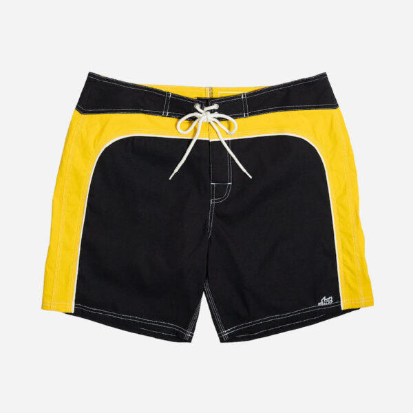 Black and yellow board shorts with drawstring