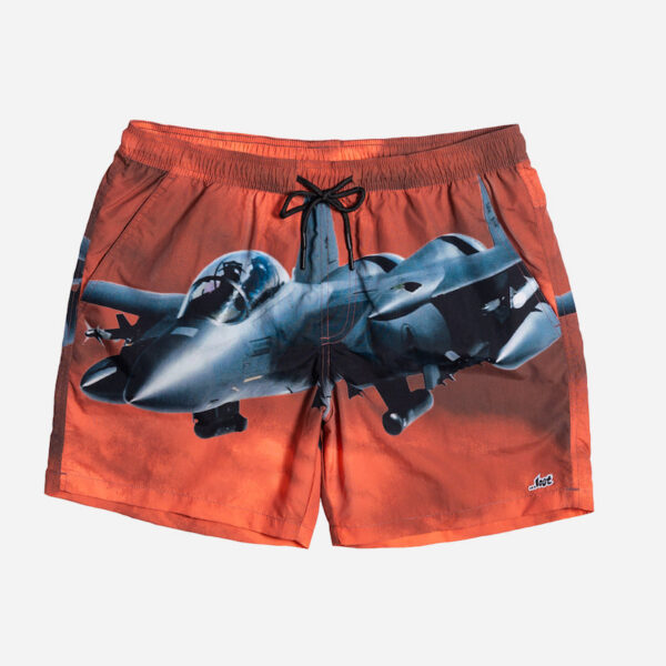 Fighter jet printed orange swim trunks