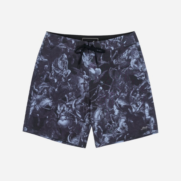 Patterned black shorts with drawstring