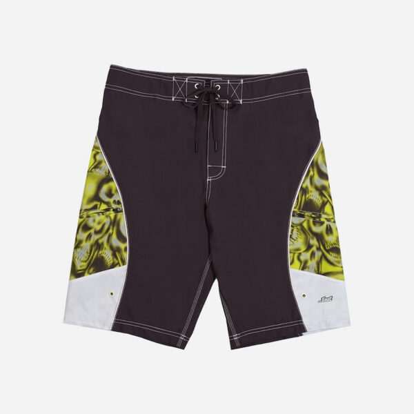 Black board shorts with pattern details