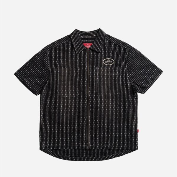 Black short-sleeve shirt with white stripes